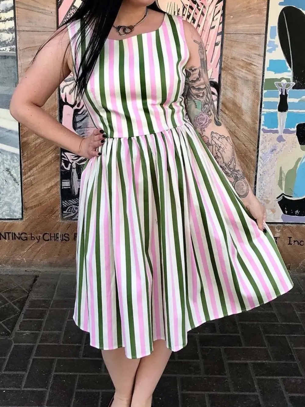 Collectif Sleeveless Striped Midi Dress in Pink, Green & White - L / UK 14